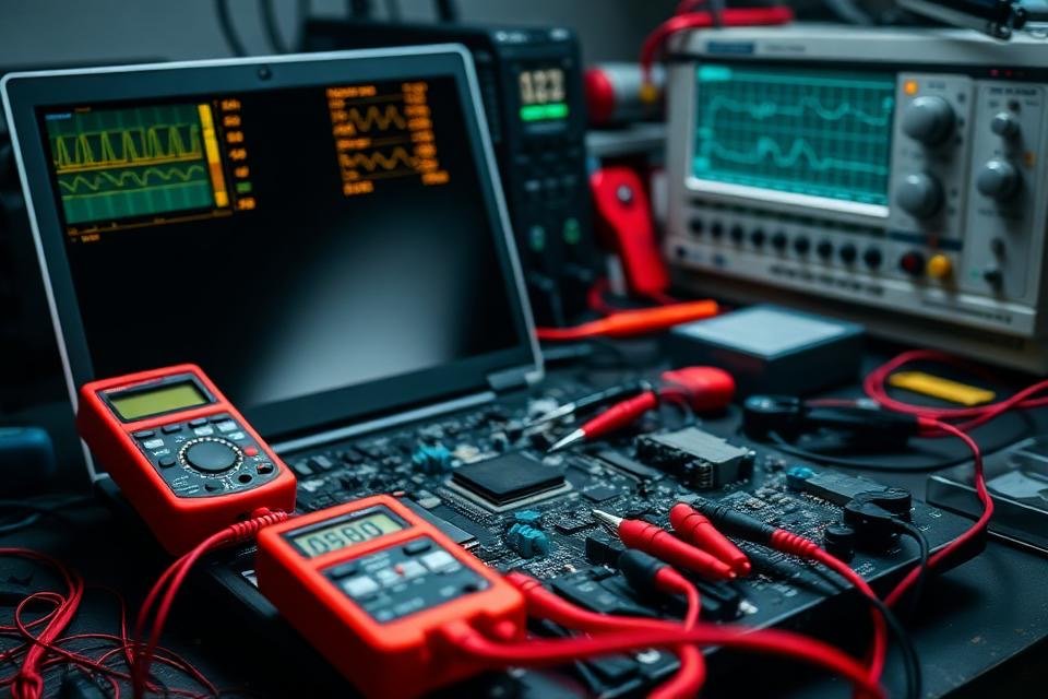 Bancada com notebook e instrumentos de medição